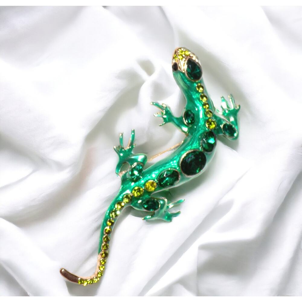 Lizard Brooch 3.5" Green Enamel & Bezel Set Rhinestone